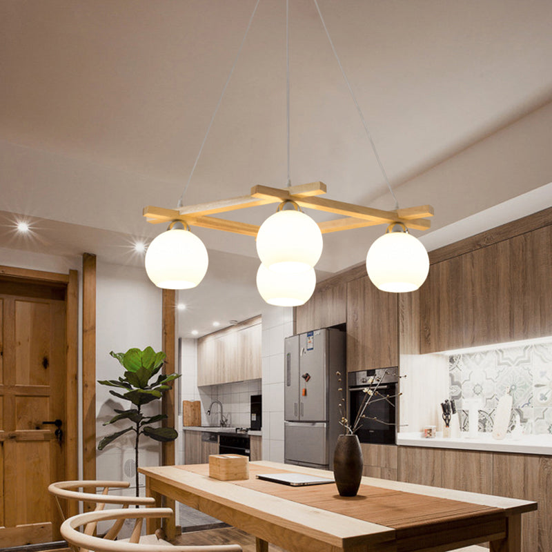 Japanese Style 4-Bulb Cream Glass Sphere Pendant Chandelier for Living Room in Wood