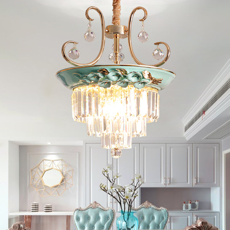 Retro Crystal Hanging Chandelier - Green Tiered Pendant Light For Living Room
