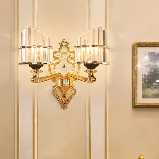 Modern Brass Crystal Block Wall Light Sconce With Carved Backplate 2 /
