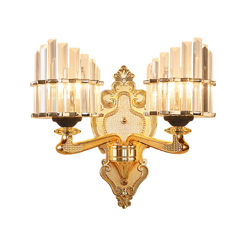 Modern Brass Crystal Block Wall Light Sconce With Carved Backplate