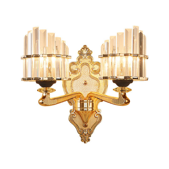 Modern Brass Crystal Block Wall Light Sconce With Carved Backplate