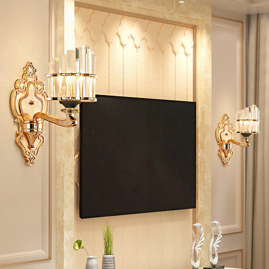 Modern Brass Crystal Block Wall Light Sconce With Carved Backplate 1 /