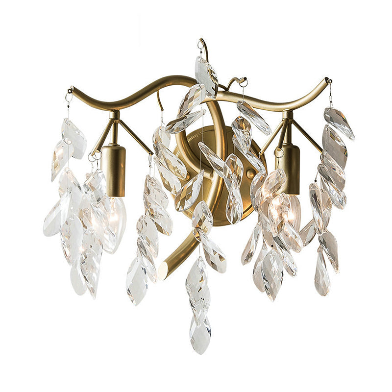 Modern Metal Wall Sconce With Clear Crystal Leaf Deco And 2 Brass Bulbs