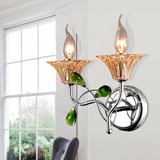 Vintage Bell Amber Glass Sconce Lamp - Stylish Chrome Wall Light With Green Teardrop Crystal Deco