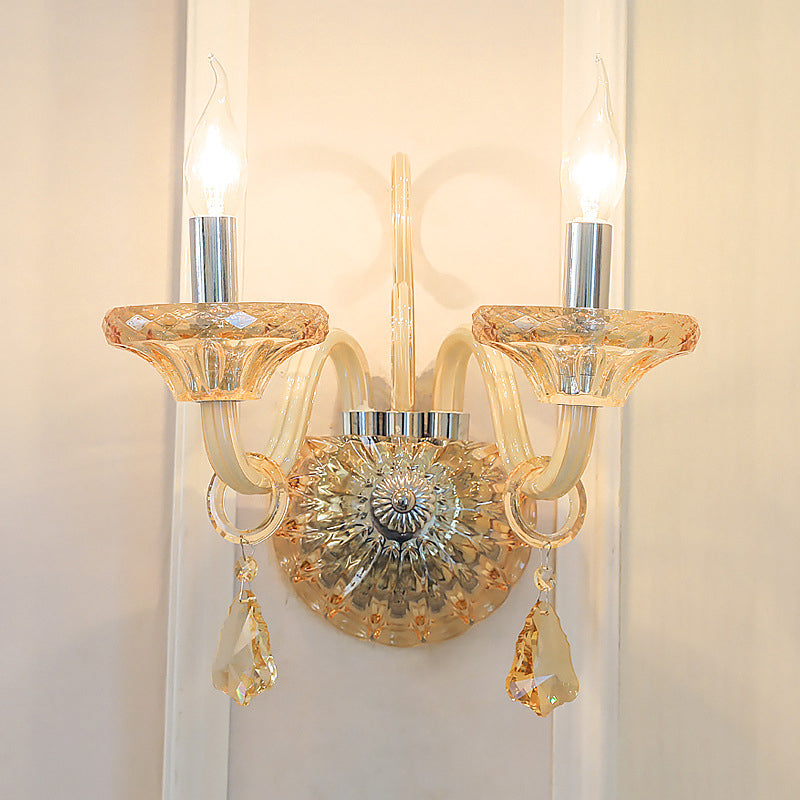 Stylish Vintage Amber Crystal Wall Sconce - 2 Head Chrome Finish Lighting For Corridor