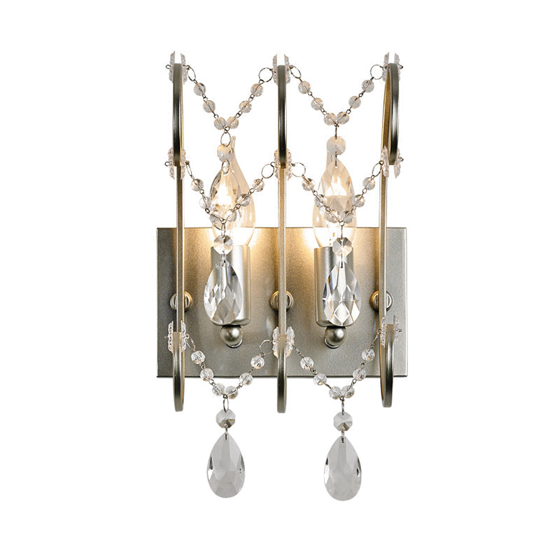 Vintage Exposed Sconce With Metallic Chrome Finish Clear Crystal Beads And 2 Bulbs For Living Room