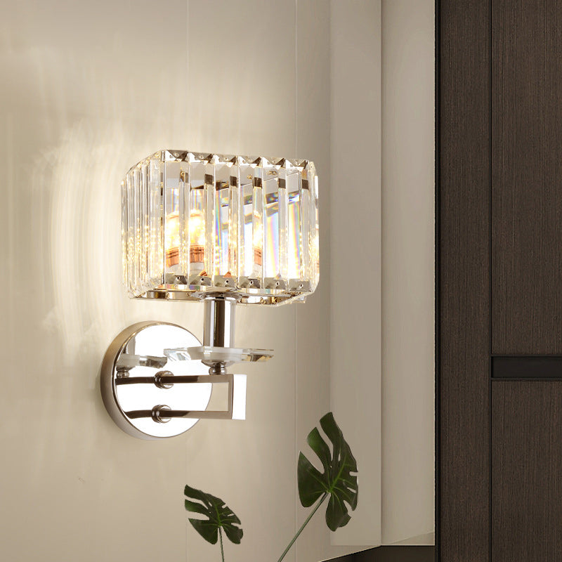 Contemporary Metal Wall Sconce - Cubic Design With Clear Crystal Block Chrome Finish