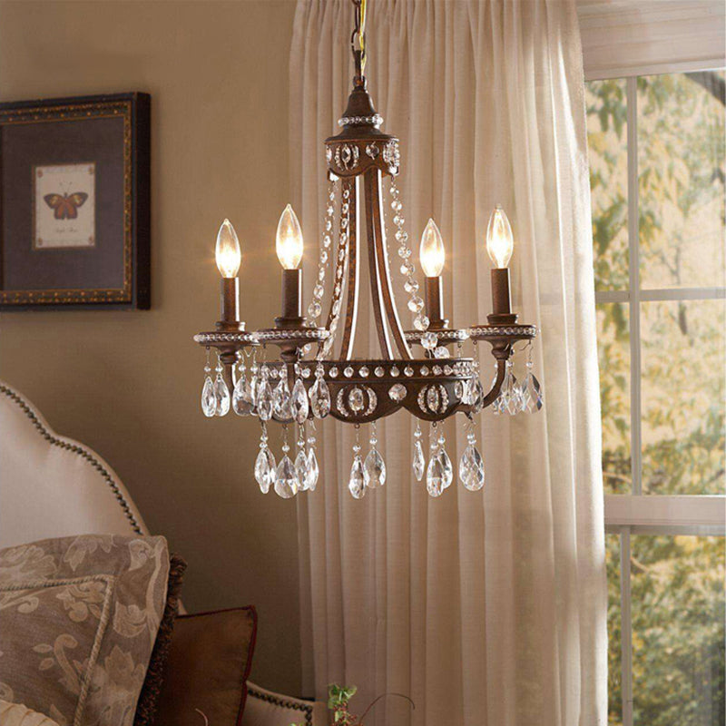 Nordic Metal Candle Chandelier: Rustic Hanging Light Fixture with Crystal Drop - 4 Lights