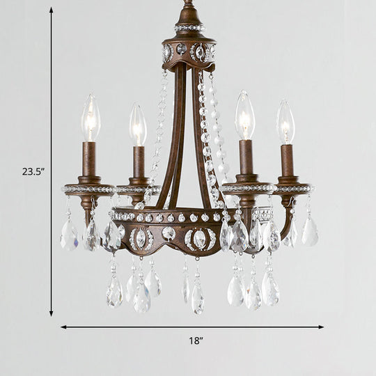 Nordic Metal Candle Chandelier: Rustic Hanging Light Fixture with Crystal Drop - 4 Lights