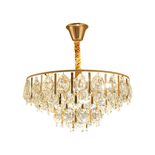 Contemporary Gold Chandelier: Round Teardrop Crystal Hanging Light Kit 3/4 Lights 16/19.5 Wide