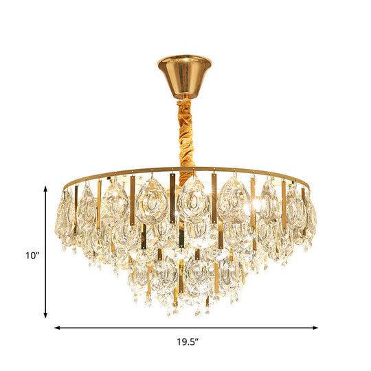 Contemporary Round Teardrop Crystal Hanging Light Kit: 3/4 Lights Gold Chandelier, 16"/19.5" Wide