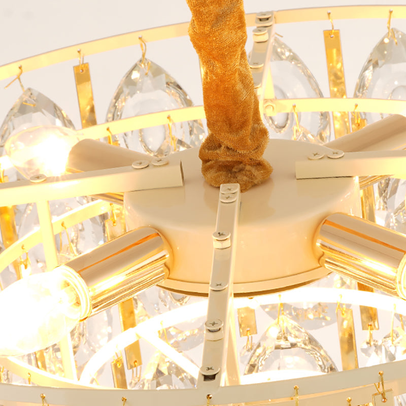 Contemporary Gold Chandelier: Round Teardrop Crystal Hanging Light Kit 3/4 Lights 16/19.5 Wide