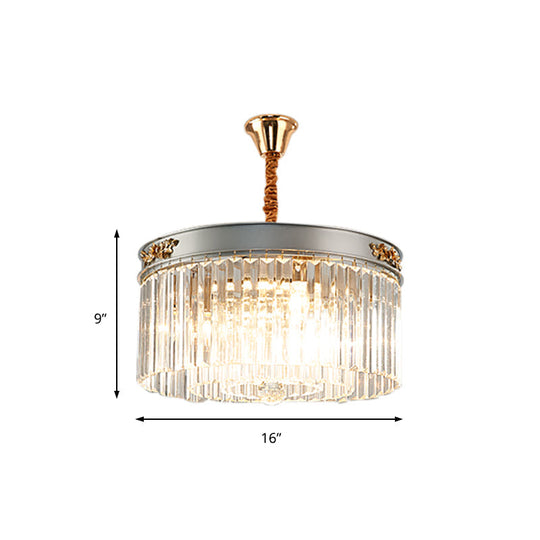 Modern Rectangular Drum Chandelier - Crystal Lights 3/4 Dining Room Hanging Light 16/19.5 Wide