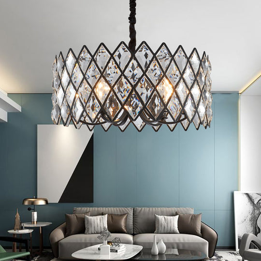 Postmodern Black Chandelier Light with Drum Crystal Shade - 8 Light Ceiling Pendant for Living Room