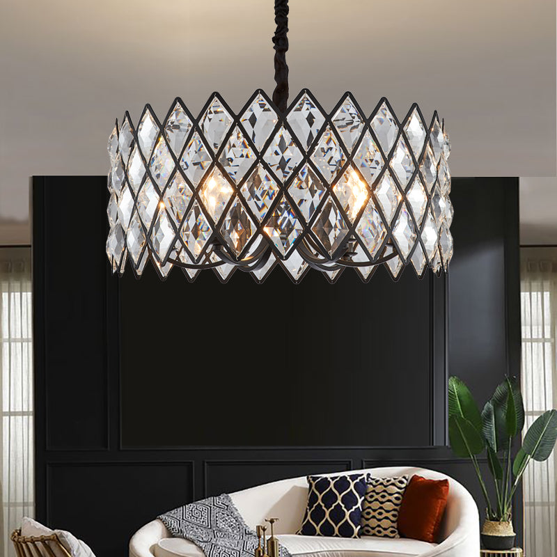 Postmodern Black Chandelier Light with Drum Crystal Shade - 8 Light Ceiling Pendant for Living Room