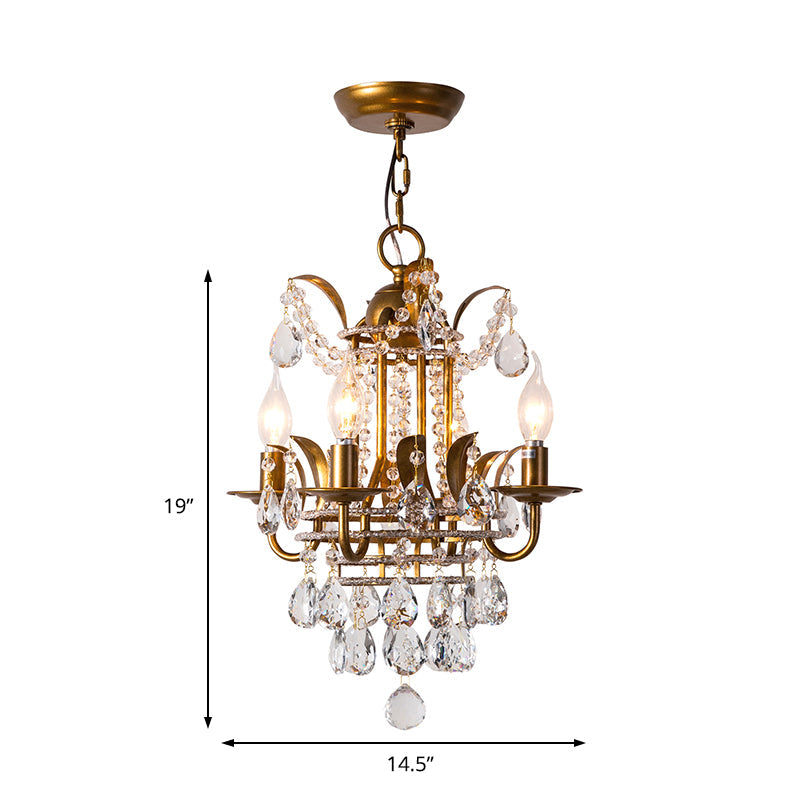 Modern Gold Chandelier With Crystal Drops - 4-Light Corridor/Hanging Lamp