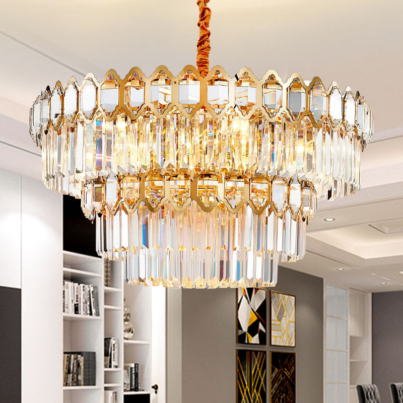 Modern Layered Chandelier with Clear Crystal Prism, 8-Light Gold Hanging Fixture
