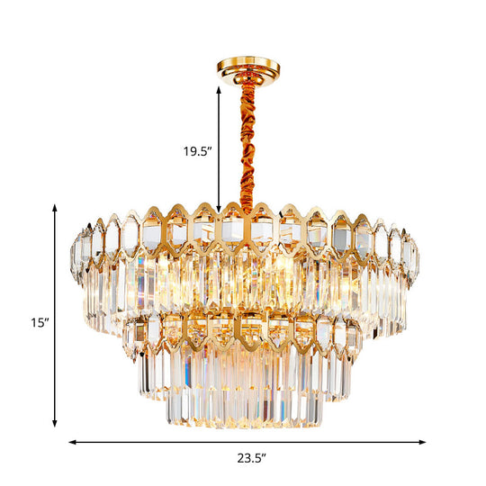 Modern Layered Chandelier with Clear Crystal Prism, 8-Light Gold Hanging Fixture
