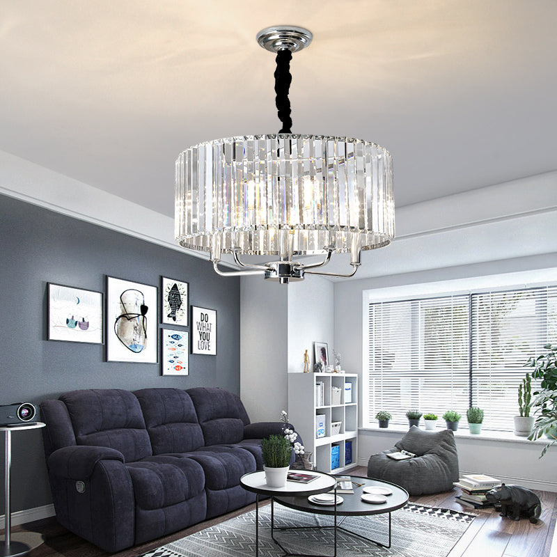 Modern Tri-Sided Glass Rod Drum Ceiling Light With Chrome Finish - 4 Lights 19.5/23.5 Wide / 19.5