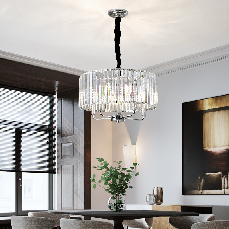 Modern Tri-Sided Glass Rod Drum Ceiling Light With Chrome Finish - 4 Lights 19.5/23.5 Wide / 23.5