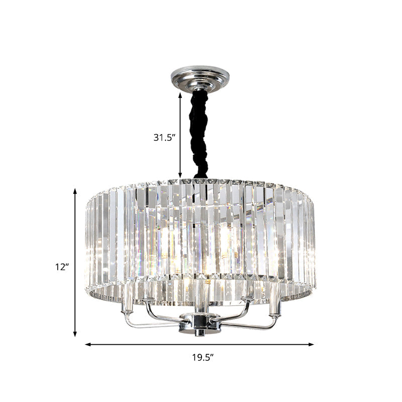 Modern Tri-Sided Glass Rod Drum Ceiling Light With Chrome Finish - 4 Lights 19.5/23.5 Wide