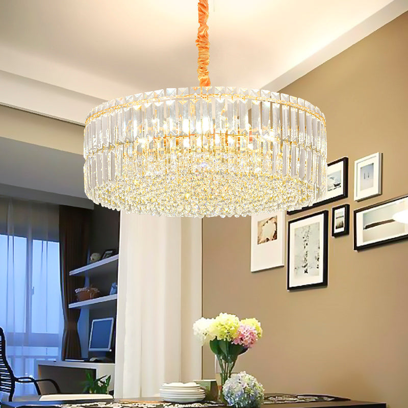 Contemporary Gold Drum Chandelier Light | 6/8 Lights | Rectangular-Cut Crystal | Ceiling Hanging Light, 19.5"/23.5" Wide