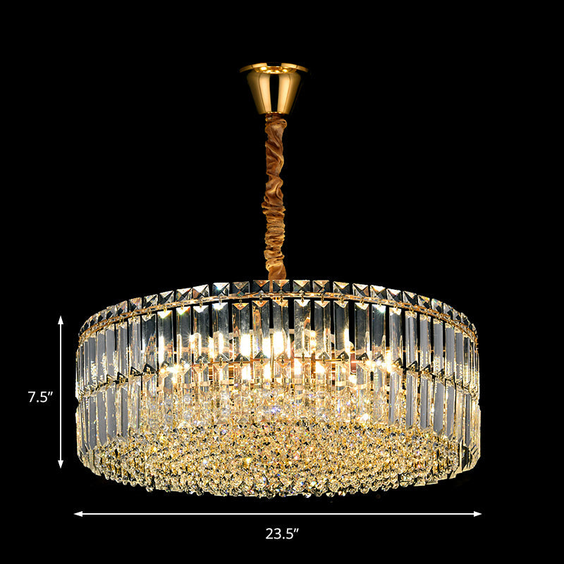 Contemporary Gold Drum Chandelier Light | 6/8 Lights | Rectangular-Cut Crystal | Ceiling Hanging Light, 19.5"/23.5" Wide