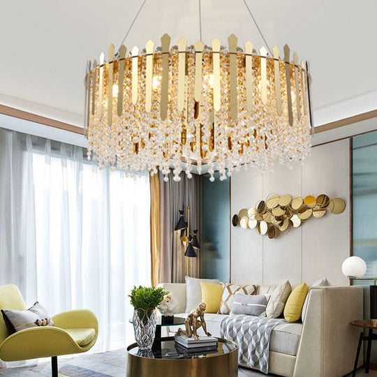 Brass Chandelier Light - 6-Light Living Room Hanging Kit with Drum Crystal Strand Shade