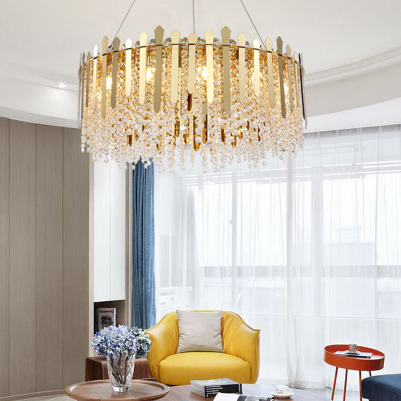Brass Chandelier Light - 6-Light Living Room Hanging Kit with Drum Crystal Strand Shade