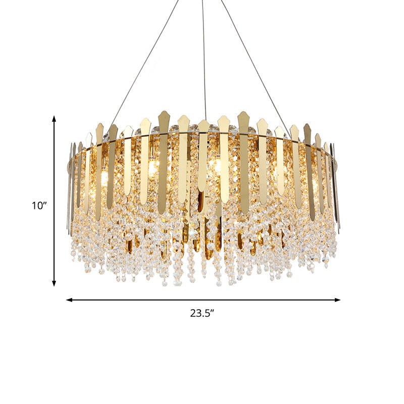 Brass Chandelier With Drum Crystal Shade & 6 Hanging Lights For Living Room