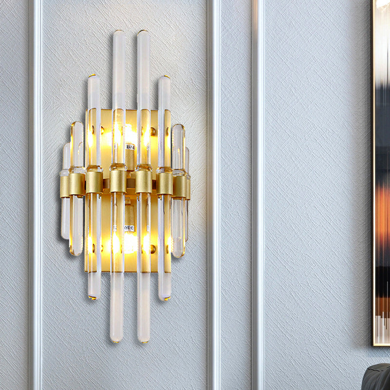 Contemporary Clear Crystal Tube Wall Lighting With 2 Brass Lights - Ideal For Living Room