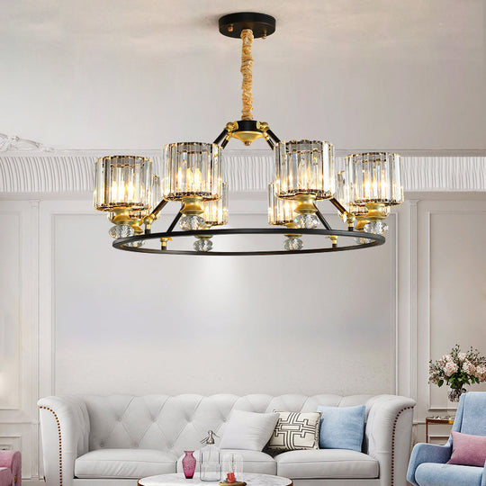 Modern Clear Crystal Cylinder Hanging Light Kit - Black Chandelier with 4/6/8 Lights for Living Room
