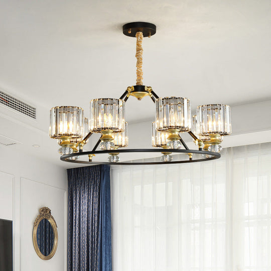 Modern Clear Crystal Cylinder Hanging Light Kit - Black Chandelier with 4/6/8 Lights for Living Room