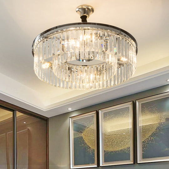 Drum Crystal Block Chandelier Pendant Light - Sleek Style - 4/8 Lights - Chrome Finish - 18"/23" Wide