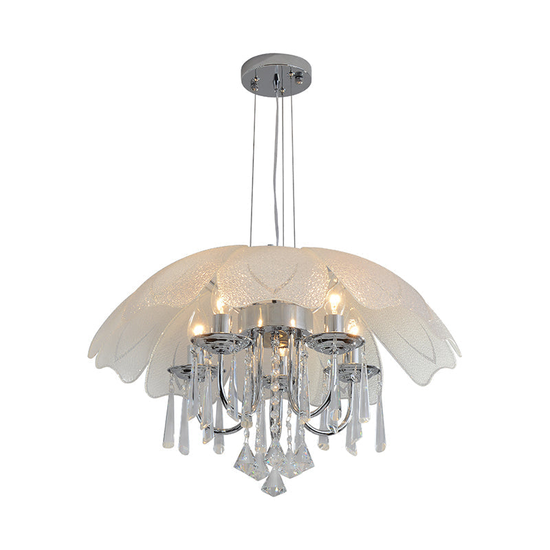 Contemporary Flower Chandelier With Textured Glass Shade And Crystal Drop - Chrome Ceiling Lamp (5
