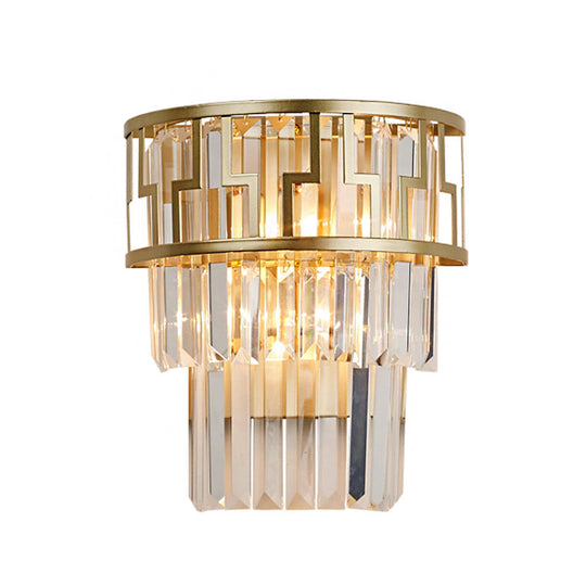 Brass Modernism Layered Wall Lamp With Clear Crystal - 2 Lights Bedside Sconce Fixture