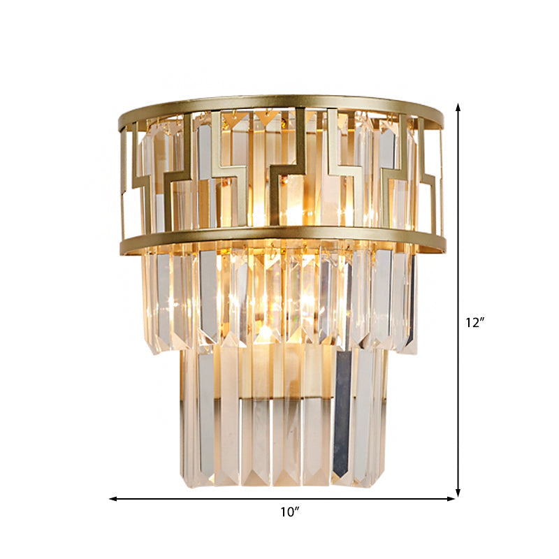 Brass Modernism Layered Wall Lamp With Clear Crystal - 2 Lights Bedside Sconce Fixture