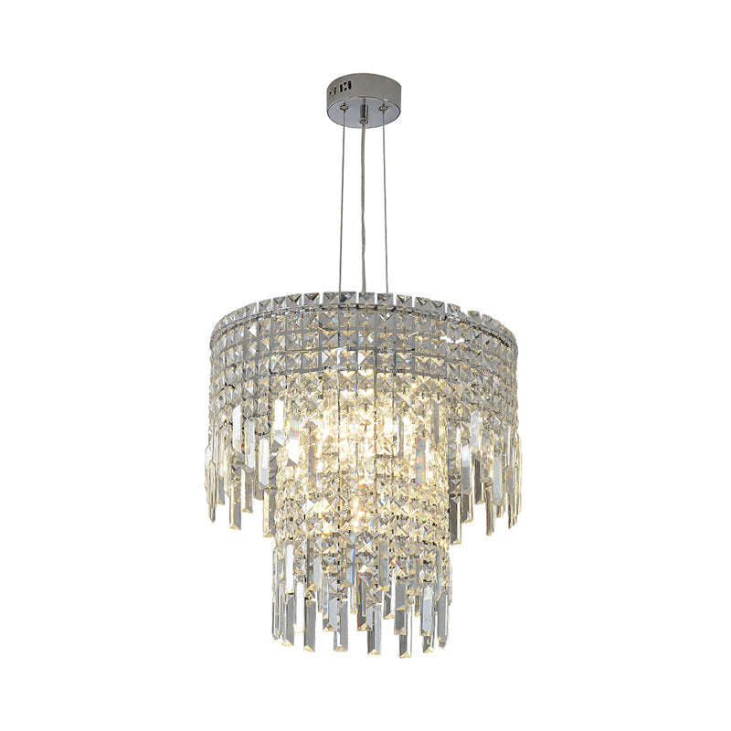 Modern Crystal Tiered Hanging Lamp - Clear Rectangular-Cut, 4 Lights Silver Chandelier