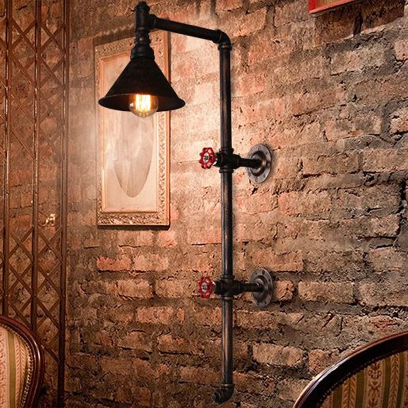 Industrial Funnel Iron Wall Light With Decorative Water Valve - Rustic Single Mount Fixture Rust