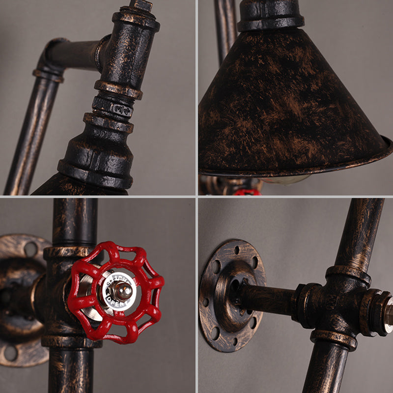 Industrial Funnel Iron Wall Light With Decorative Water Valve - Rustic Single Mount Fixture