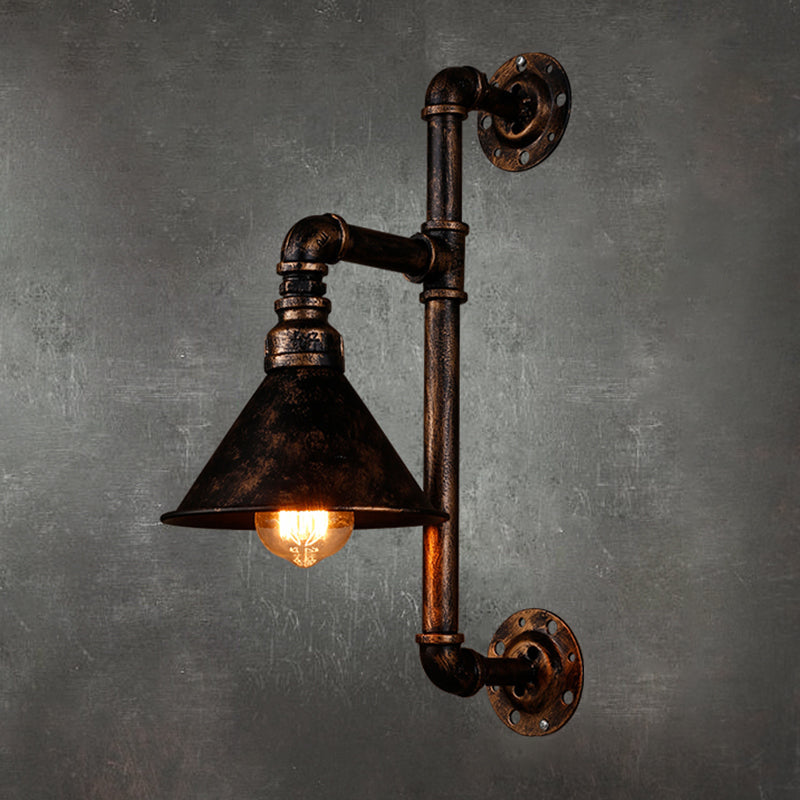 Antique Rust Water Pipe Iron Wall Mount Light With Cone Shade - 1-Light Restaurant Lighting Fixture