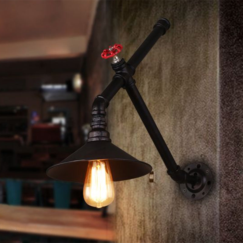 Rustic Iron Cone Wall Lamp - Water Valve Restaurant Light With 1 Bulb In Black
