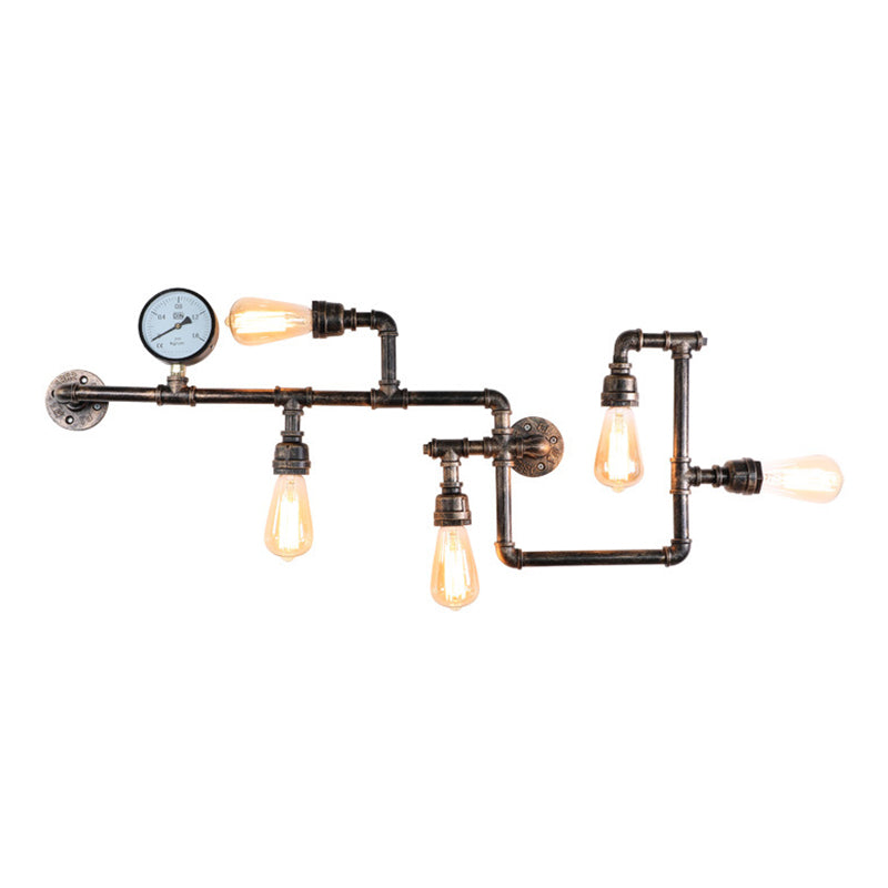 Rustic 5-Bulb Water Pipe Iron Wall Lamp With Pressure Gauge - Perfect For Restaurants
