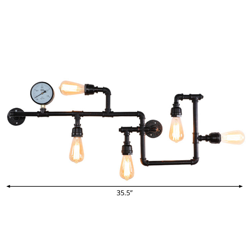 Rustic 5-Bulb Water Pipe Iron Wall Lamp With Pressure Gauge - Perfect For Restaurants Black