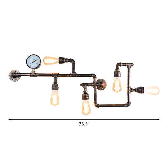 Rustic 5-Bulb Water Pipe Iron Wall Lamp With Pressure Gauge - Perfect For Restaurants Bronze
