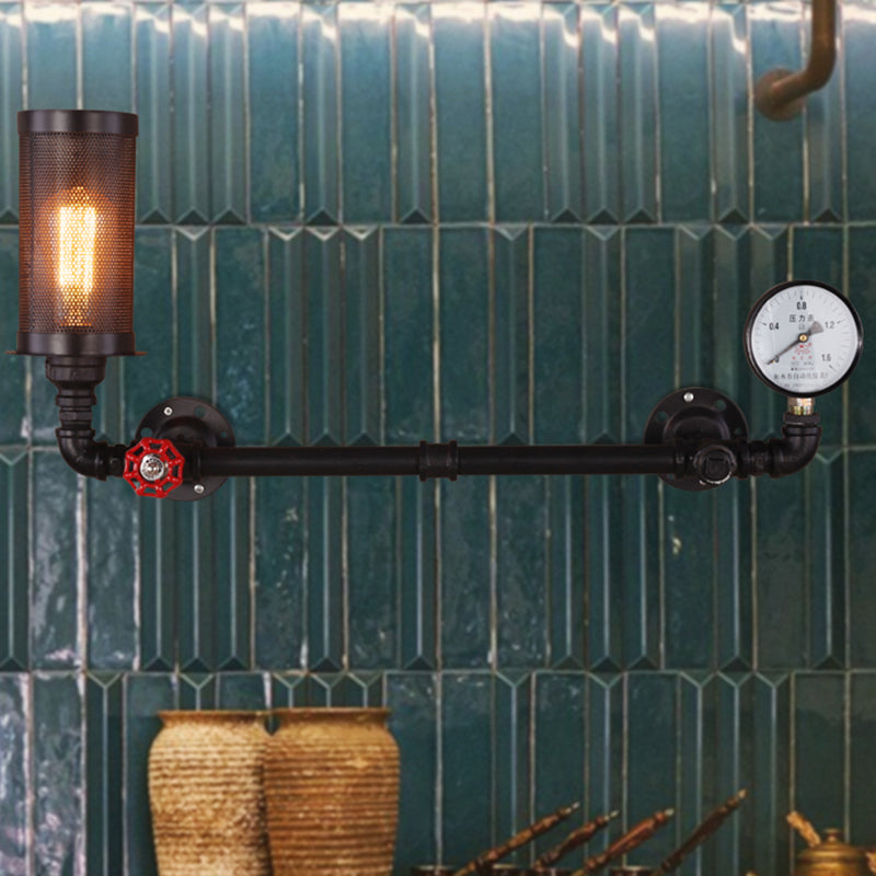Vintage Water Pipe Wall Mounted Lamp With Gauge And Valve In Black - Single Bulb Fixture