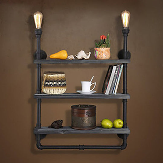 Rustic Iron Wall Lamp With Water Pipe Shelf For Restaurants - Black Finish