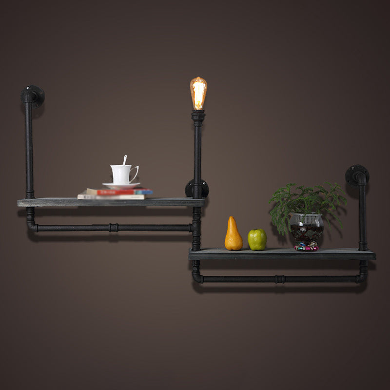 Rustic Iron Wall Lamp With Water Pipe Shelf For Restaurants - Black Finish / Medium
