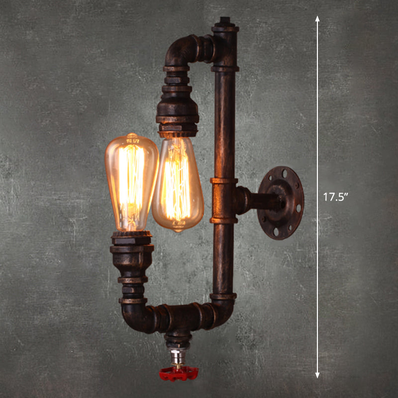 Retro Iron Water Pipe Wall Light With Valve Handle - 2 Bulbs Restaurant Lighting Fixture In Rust