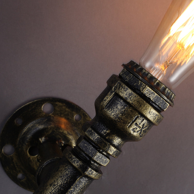 Rustic Style Iron Water Pipe Wall Lamp With Bronze Finish - 1 Bulb Restaurant Light Fixture